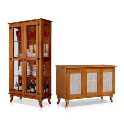 Conjunto Sala De Jantar Cristaleira De Madeira Antiga Com Buffet 3 Portas Premium Castanho