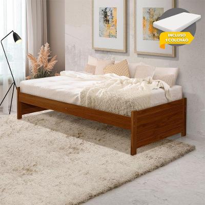 Cama Solteiro Com Colchão Gabrieli Estrutura Reforçada Madeira Maciça Castanho