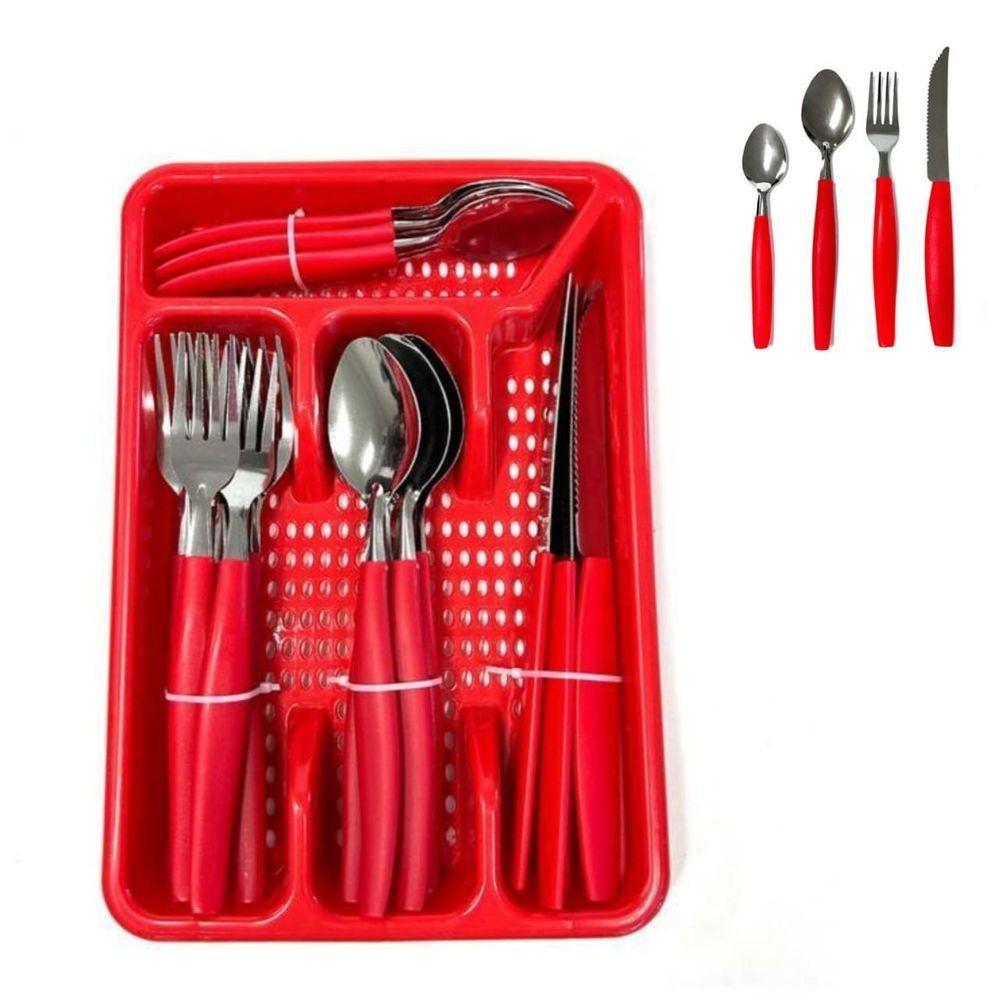 Kit 25 Peças Jogo De Faqueiro Inox Com Gaveteiro - Vermelha - 1