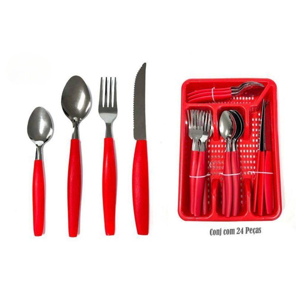 Kit 25 Peças Jogo De Faqueiro Inox Com Gaveteiro - Vermelha - 5