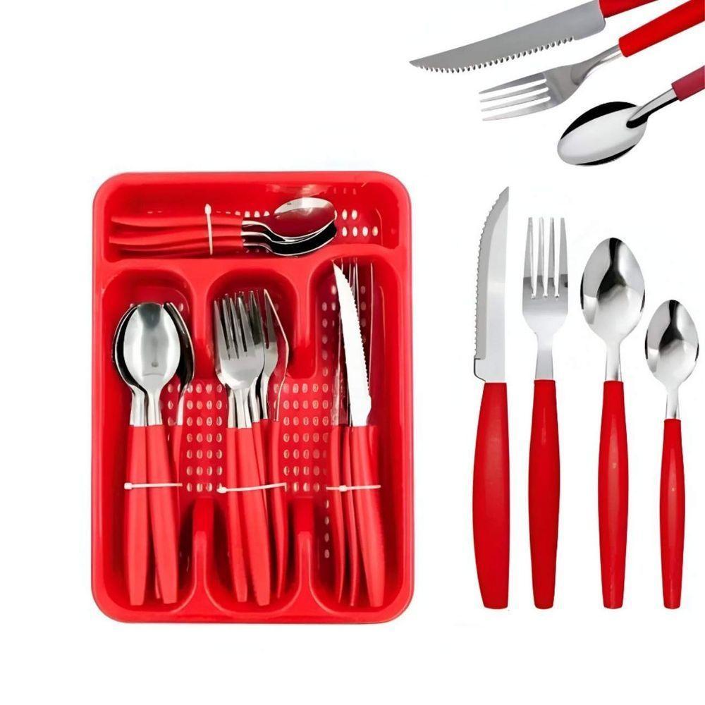 Kit Jogo De Faqueiro 25 Peças Com Porta Talheres Vermelha - 1