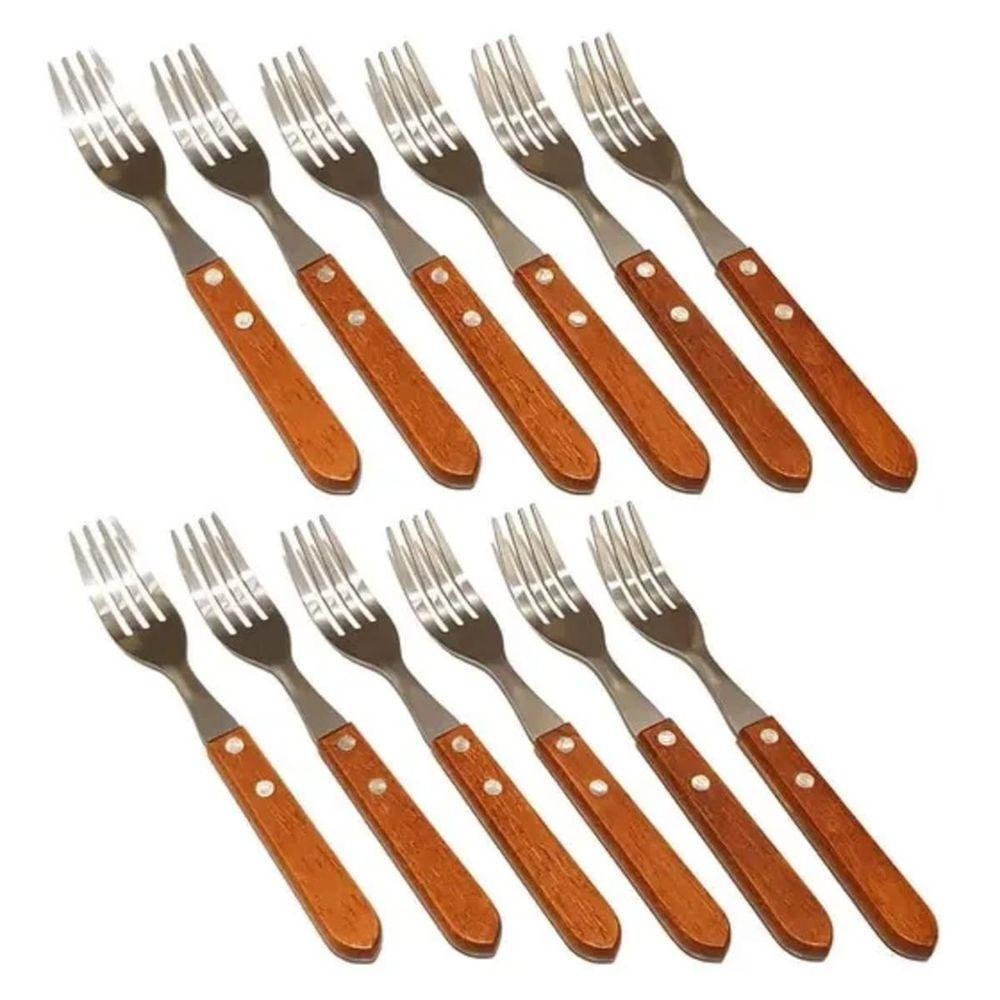 Kit 12 Garfos De Mesa Com Cabo De Madeira - 1