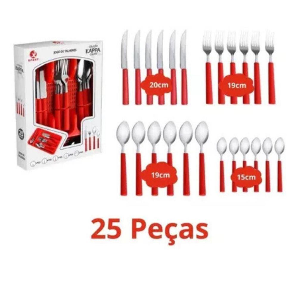 Kit 25 Peças Jogo De Talheres De Mesa Plástico E Aço Inox Vermelho - 2