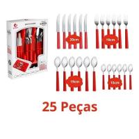 Kit 25 Peças Jogo De Talheres De Mesa Plástico E Aço Inox Vermelho - 2