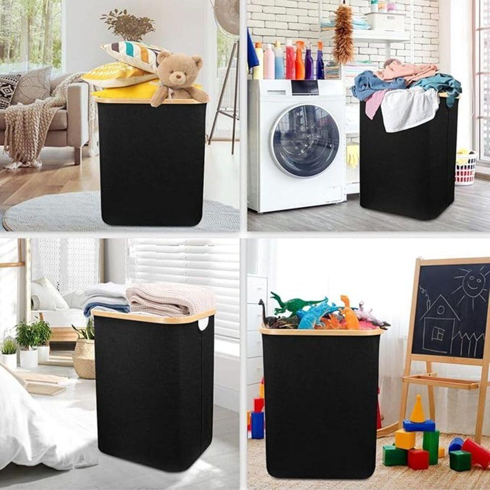 Cesto Organizador Multiuso Dobrável Com Tampa Resistente Roupa Suja Brinquedos - Preto - 4