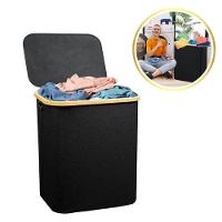 Cesto Organizador Multiuso Dobrável Com Tampa Resistente Roupa Suja Brinquedos - Preto - 2