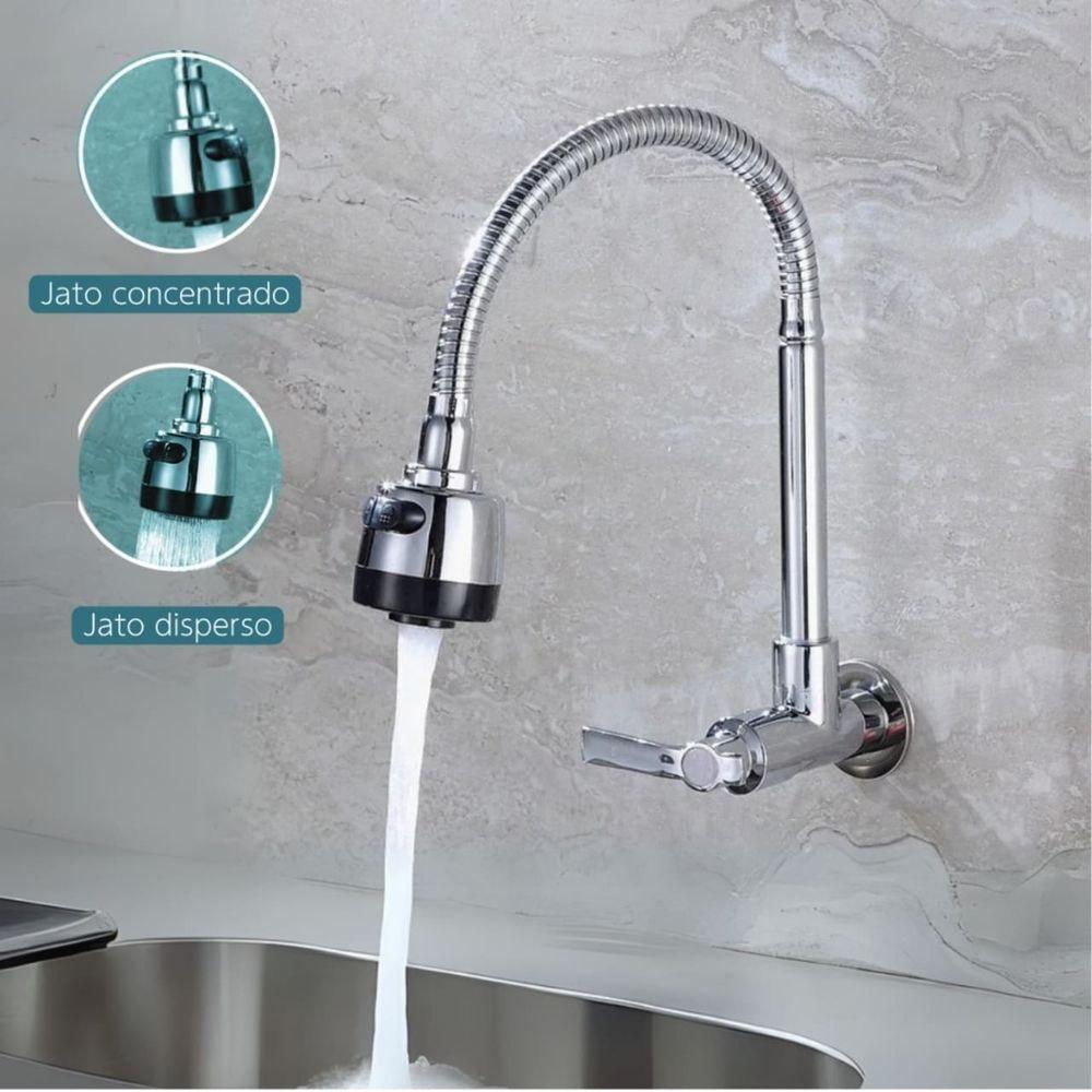 Torneira Gourmet Flexível De Parede Com Ducha Cromado Inox Rotação De 360° Cozinha Lavanderia - 4