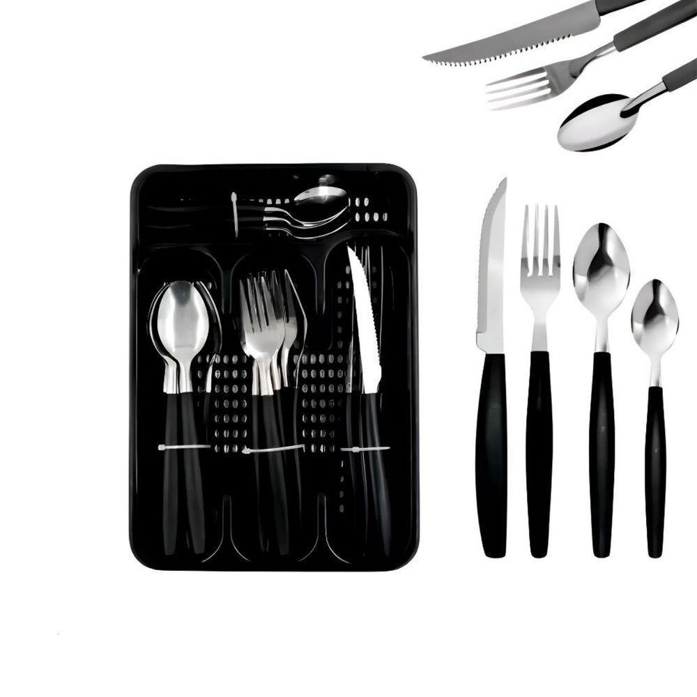 Kit Jogo De Faqueiro 25 Peças Com Porta Talheres Preto - 1