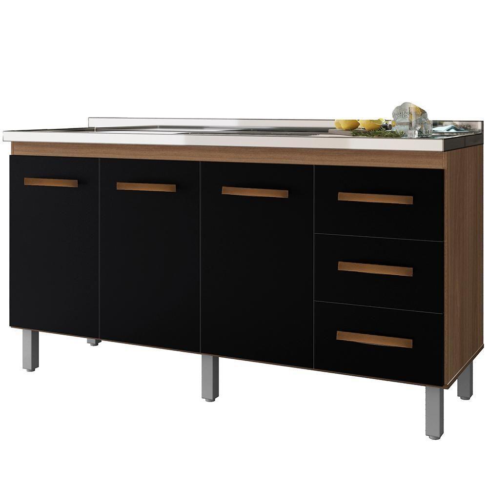 Balcao Para Pia 3 Portas 3 Gavetas 160 Cm Emily Savana Preto Mobbs - 1