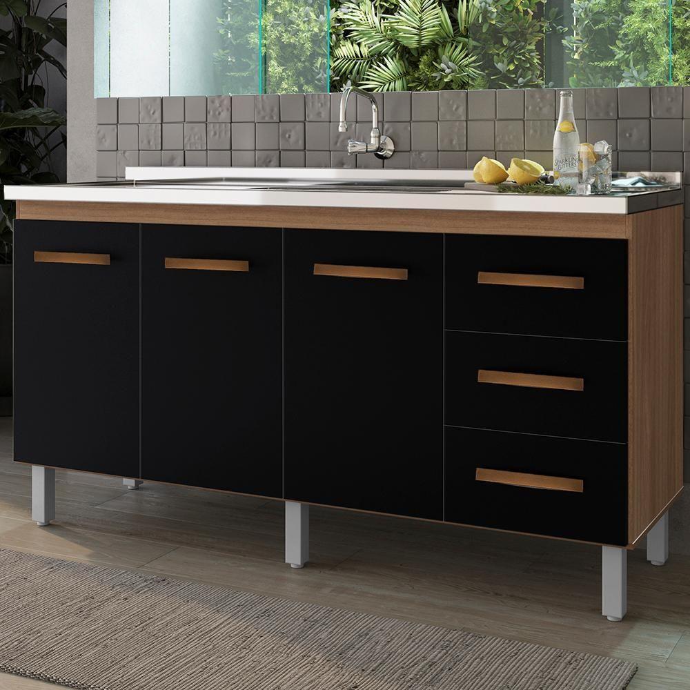 Balcao Para Pia 3 Portas 3 Gavetas 160 Cm Emily Savana Preto Mobbs - 2