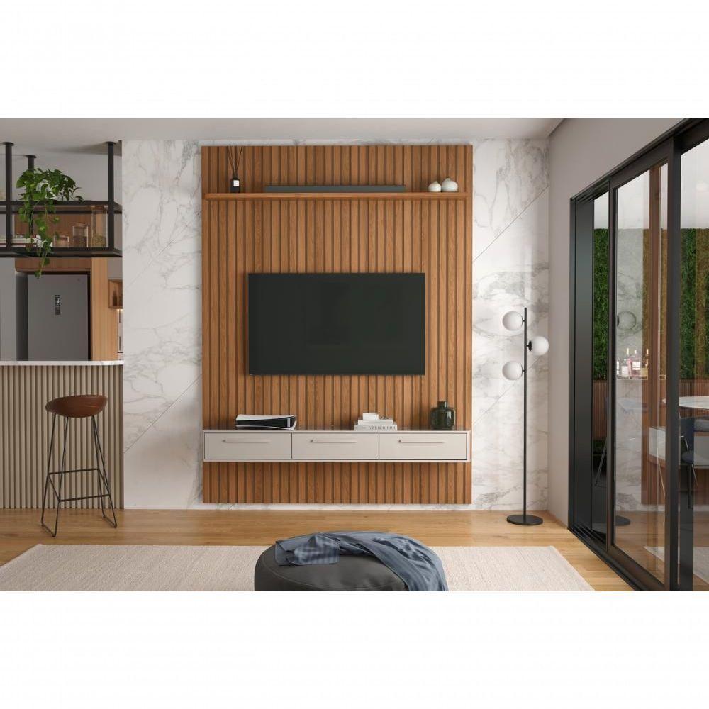 Conj. Painel Oslo Frisado Com Prateleira - Jequitiba + Bancada Bali 1.9 3 Gaveteiros - Off White - 1