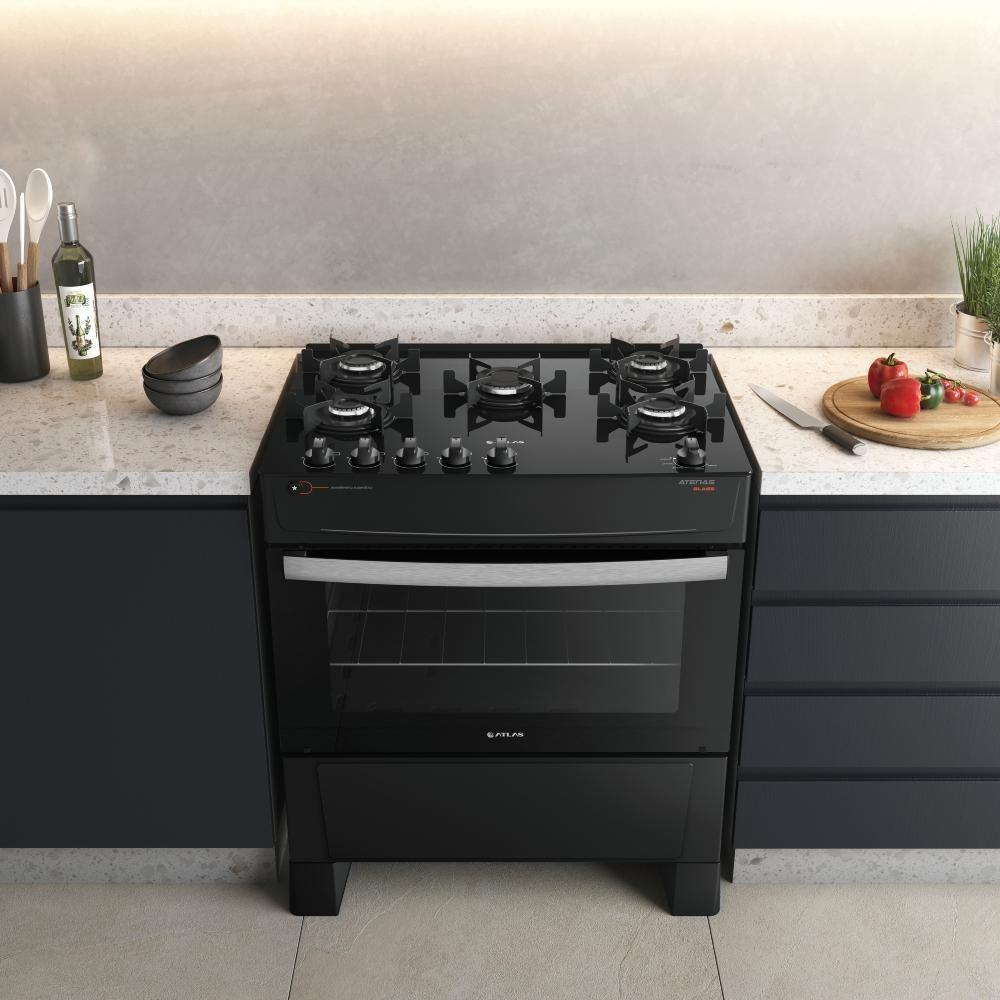 Fogão Atlas 5 Bocas Atenas Glass Com Mesa de Vidro Bivolt Preto - 5