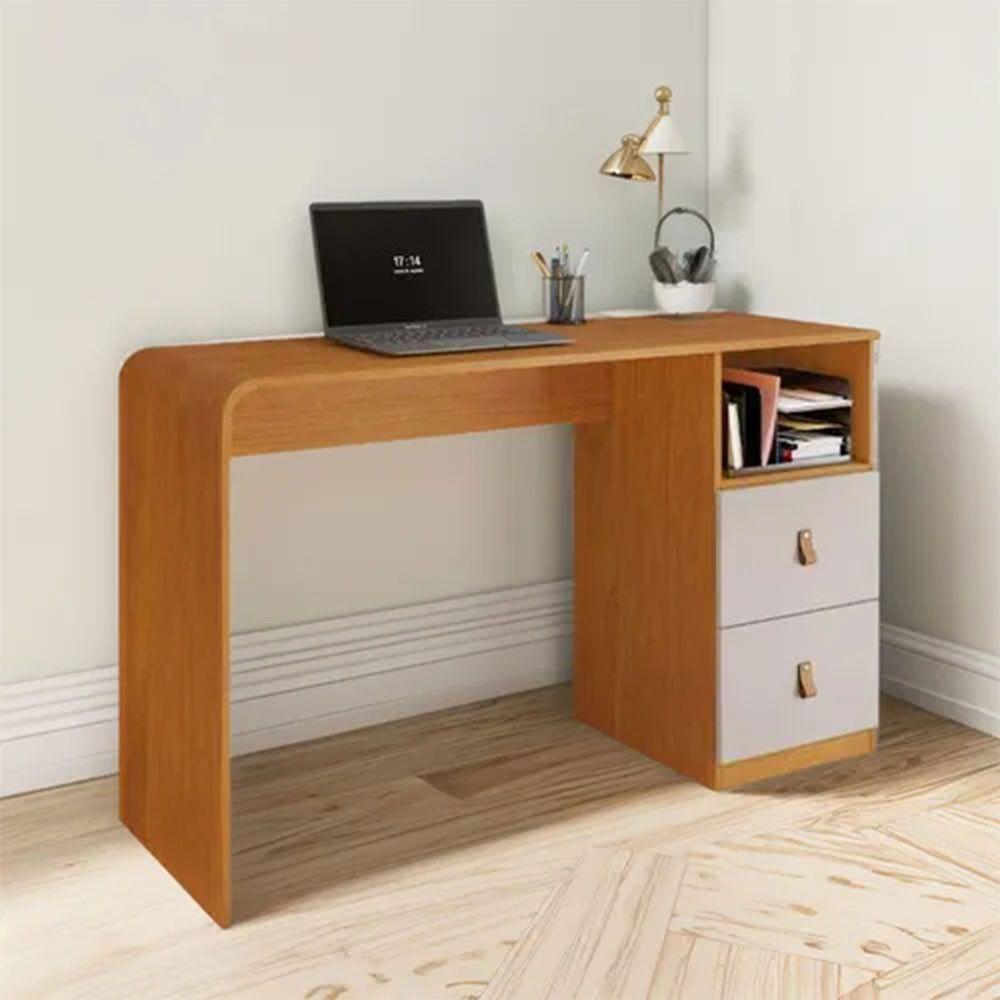 Escrivaninha Escritório Alice 2 Gavetas Puxador Em Couro Jcm Cinamomo Off - 1