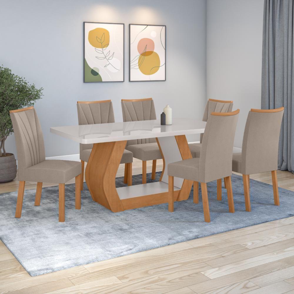 Conjunto Sala De Jantar Mesa Easy Tower 170x90cm Mdf/vidro Com 6 Cadeiras Confort Suede Bege Amendoa/off White - 1