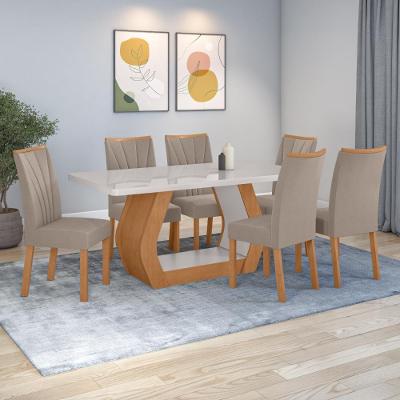 Conjunto Sala De Jantar Mesa Easy Tower 170x90cm Mdf/vidro Com 6 Cadeiras Confort Suede Bege Amendoa/off White