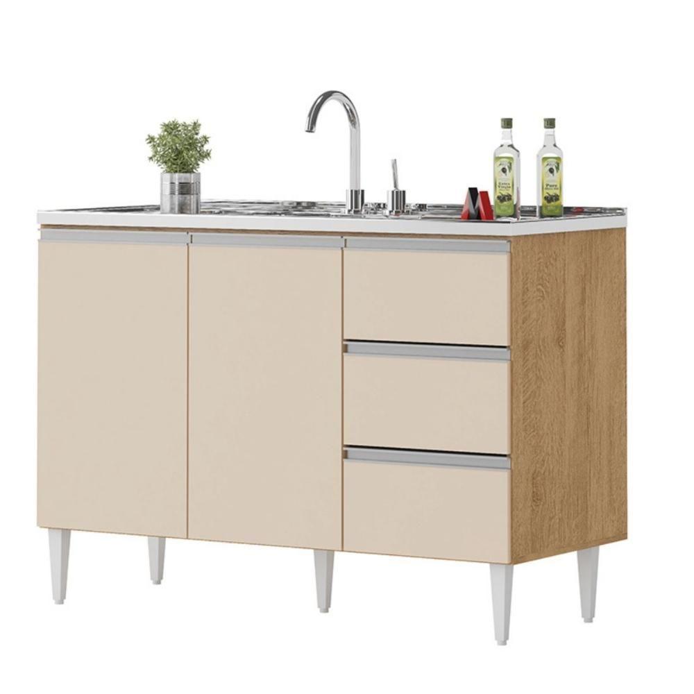 Balcão Salvador 1,20 Mt 3 Gavetas 2 Portas 100% Mdf Amêndoa Off - 1