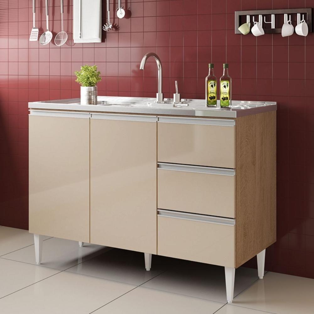 Balcão Salvador 1,20 Mt 3 Gavetas 2 Portas 100% Mdf Amêndoa Off - 2