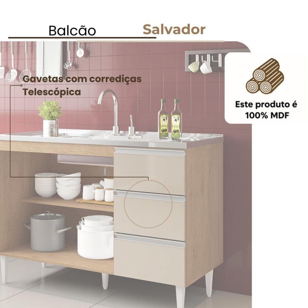 Balcão Salvador 1,20 Mt 3 Gavetas 2 Portas 100% Mdf Amêndoa Off - 3