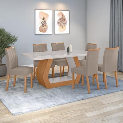 Conjunto Sala De Jantar Mesa Easy Tower 170x90cm Mdf/vidro Com 6 Cadeira Armoni Suede Bege Amendoa/off White