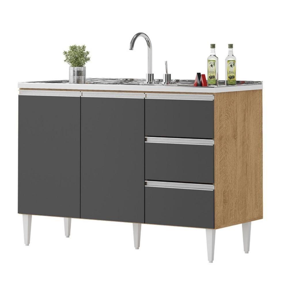 Balcão Salvador 1,20 Mt 3 Gavetas 2 Portas 100% Mdf Amêndoa Grafite - 1