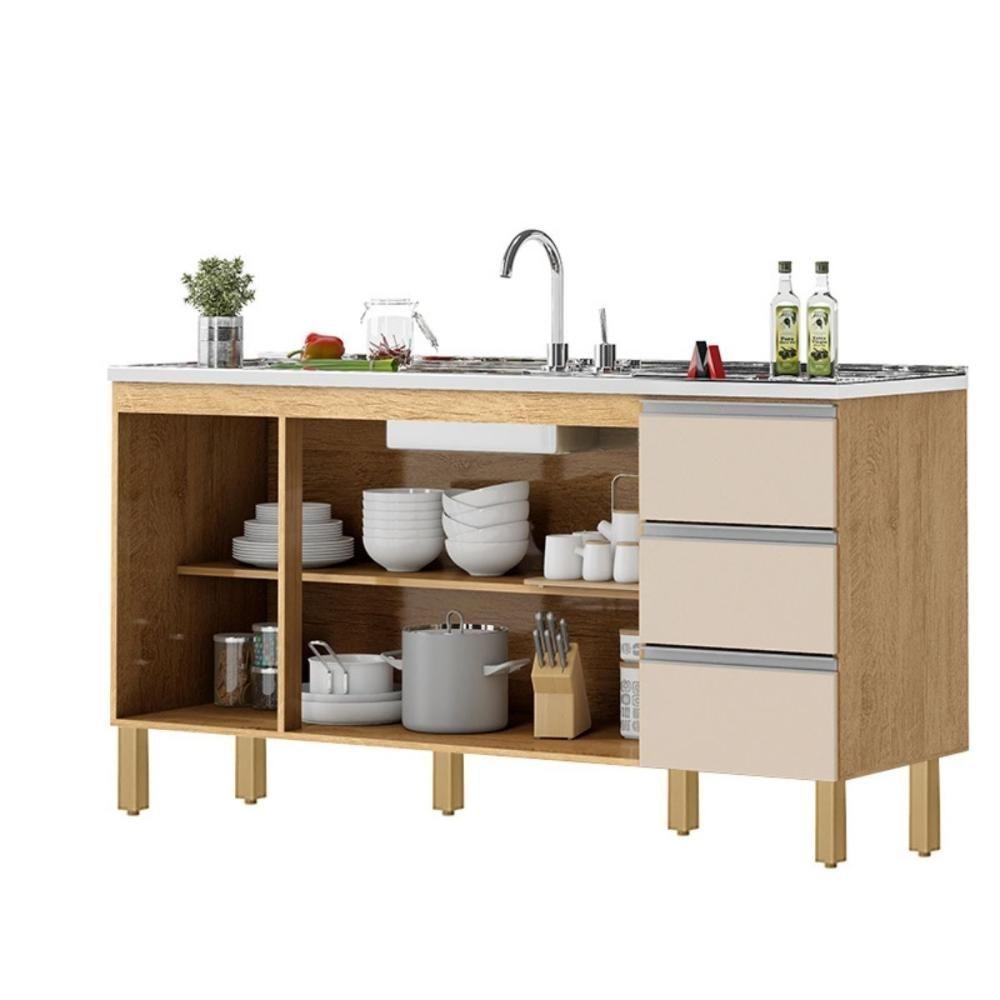 Balcão Recife 1,60 Mt - 3 Gavetas 3 Portas Amêndoa Off - 2