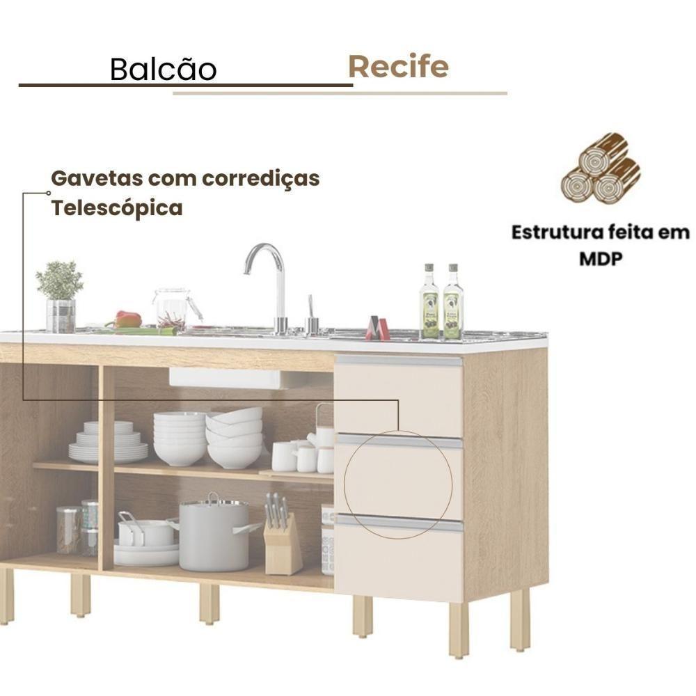 Balcão Recife 1,60 Mt - 3 Gavetas 3 Portas Amêndoa Off - 3