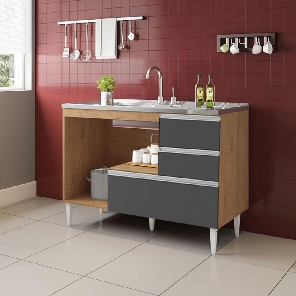 Balcão Maceió Para Pia 1,20 2 Portas Com Gavetão Amêndoa Grafite - 2