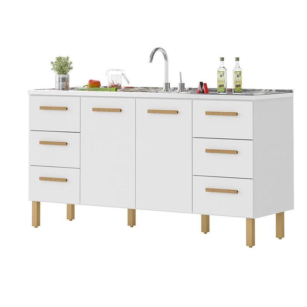 Balcão Belém Para Pia 1,60m Com Portas E Gavetas Branco - 1