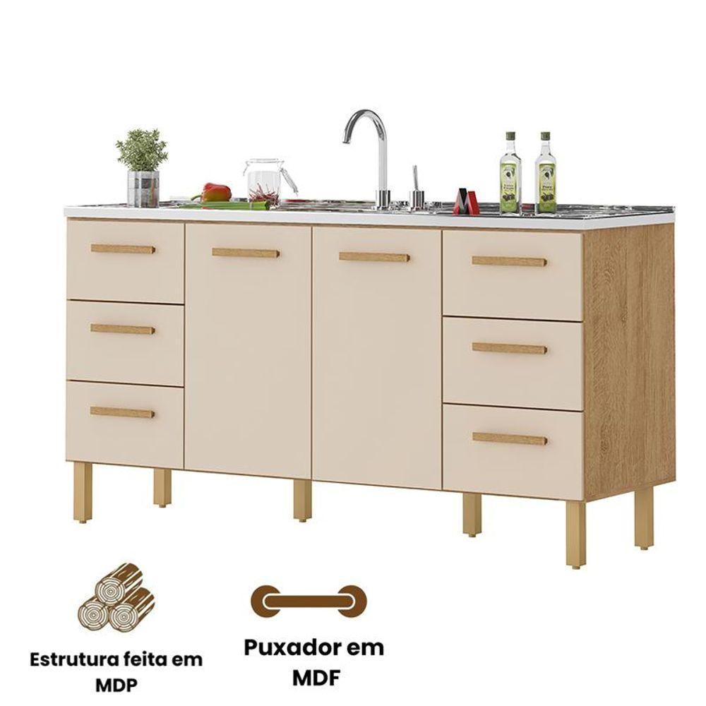 Balcão Belém Para Pia 1,60m Com Portas E Gavetas Amêndoa Off - 3