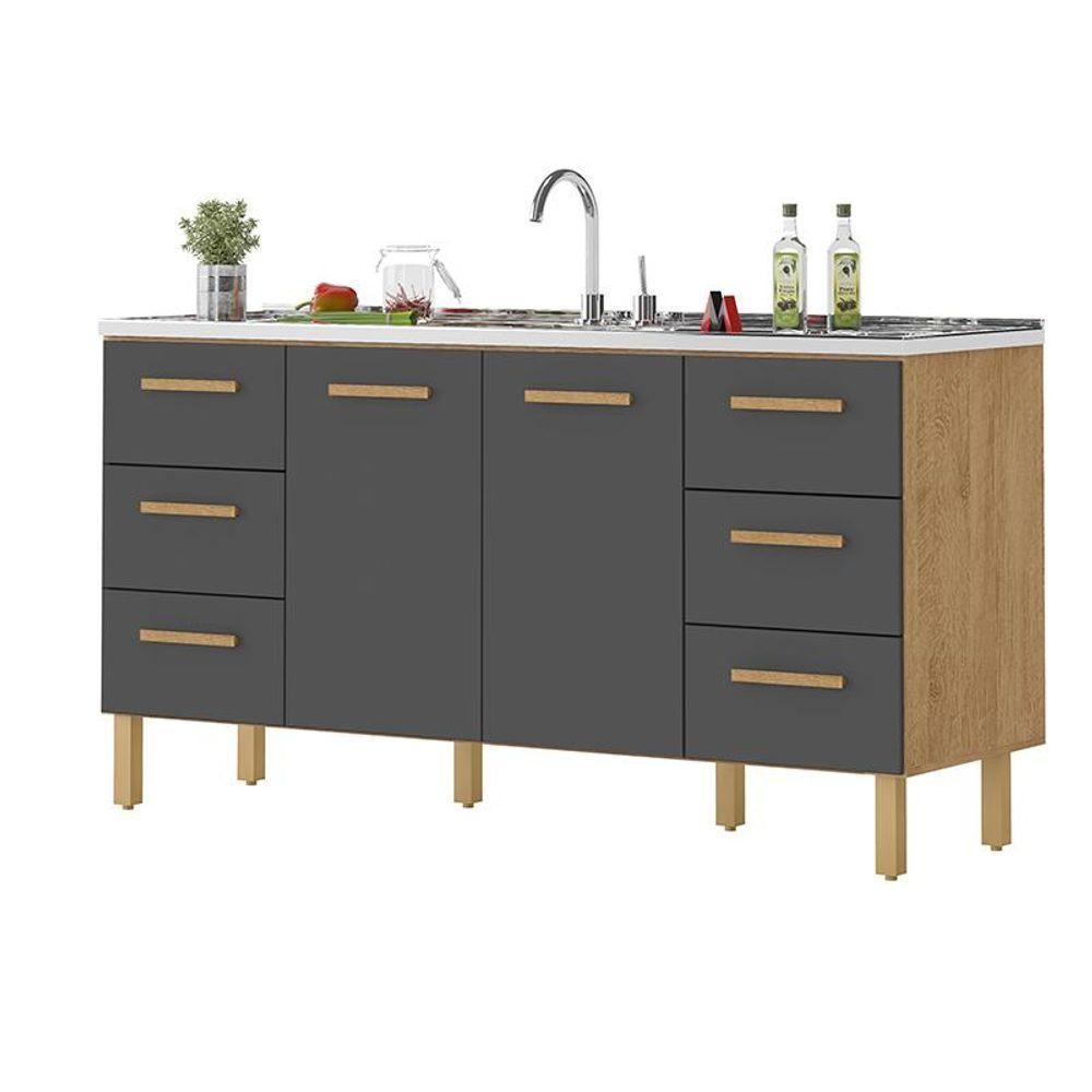 Balcão Belém Para Pia 1,60m Com Portas E Gavetas Amêndoa Grafite - 1