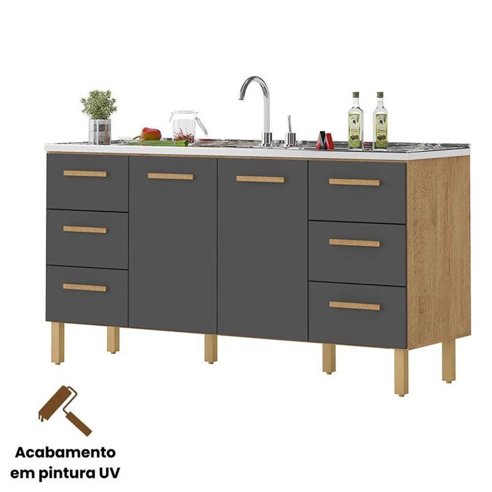 Balcão Belém Para Pia 1,60m Com Portas E Gavetas Amêndoa Grafite - 2