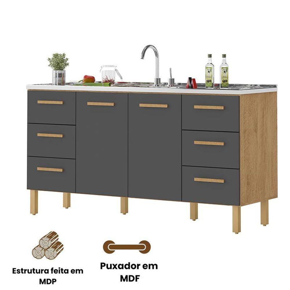 Balcão Belém Para Pia 1,60m Com Portas E Gavetas Amêndoa Grafite - 3