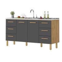 Balcão Belém Para Pia 1,60m Com Portas E Gavetas Amêndoa Grafite - 1