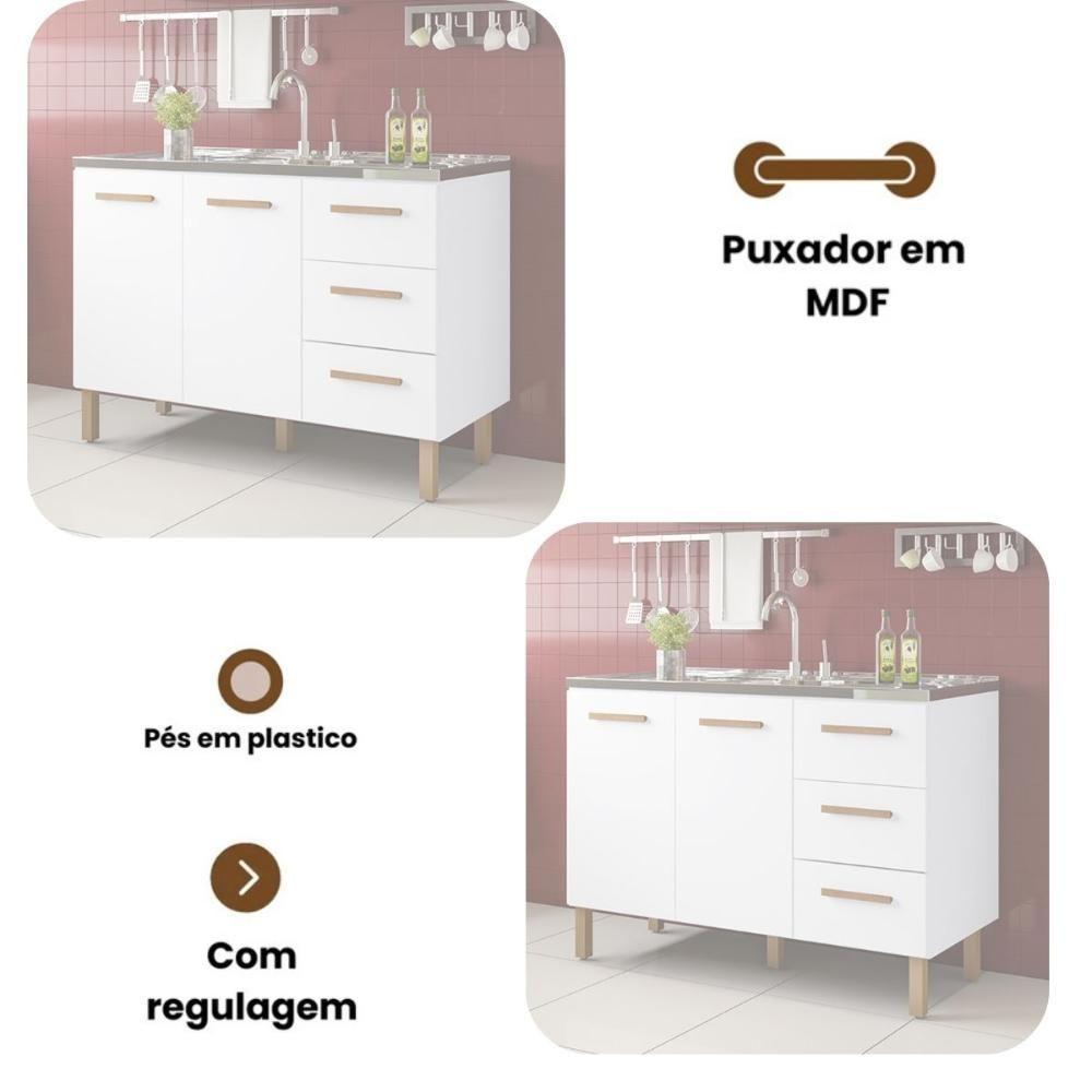 Balcão Fortaleza 3 Gavetas Para Pia 1,20 Mt Branco - 3