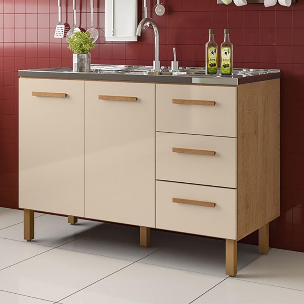 Balcão Fortaleza 3 Gavetas Para Pia 1,20 Mt Amêndoa Off - 1