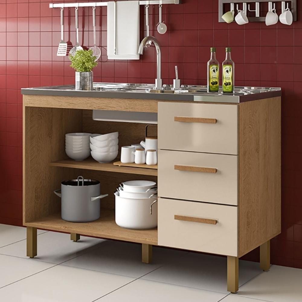 Balcão Fortaleza 3 Gavetas Para Pia 1,20 Mt Amêndoa Off - 2