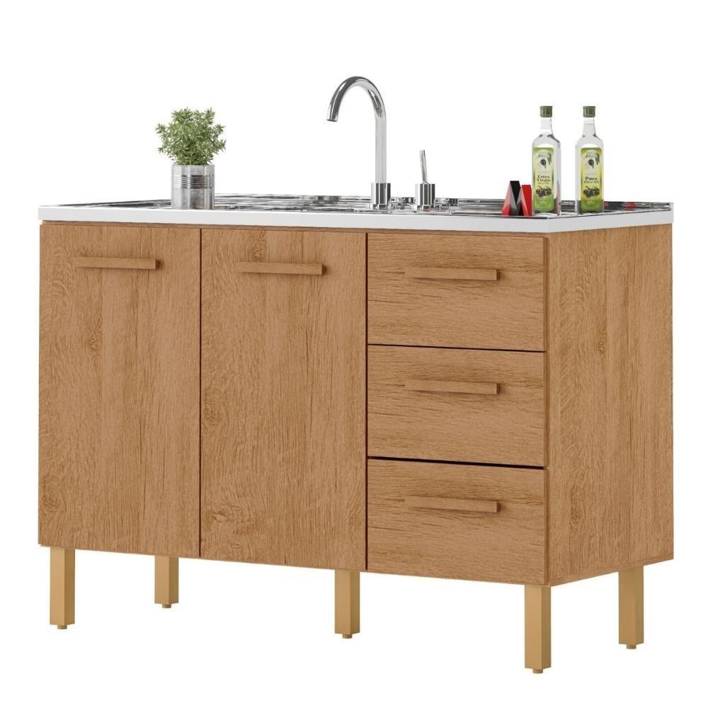 Balcão Fortaleza 3 Gavetas Para Pia 1,20 Mt Amêndoa - 1