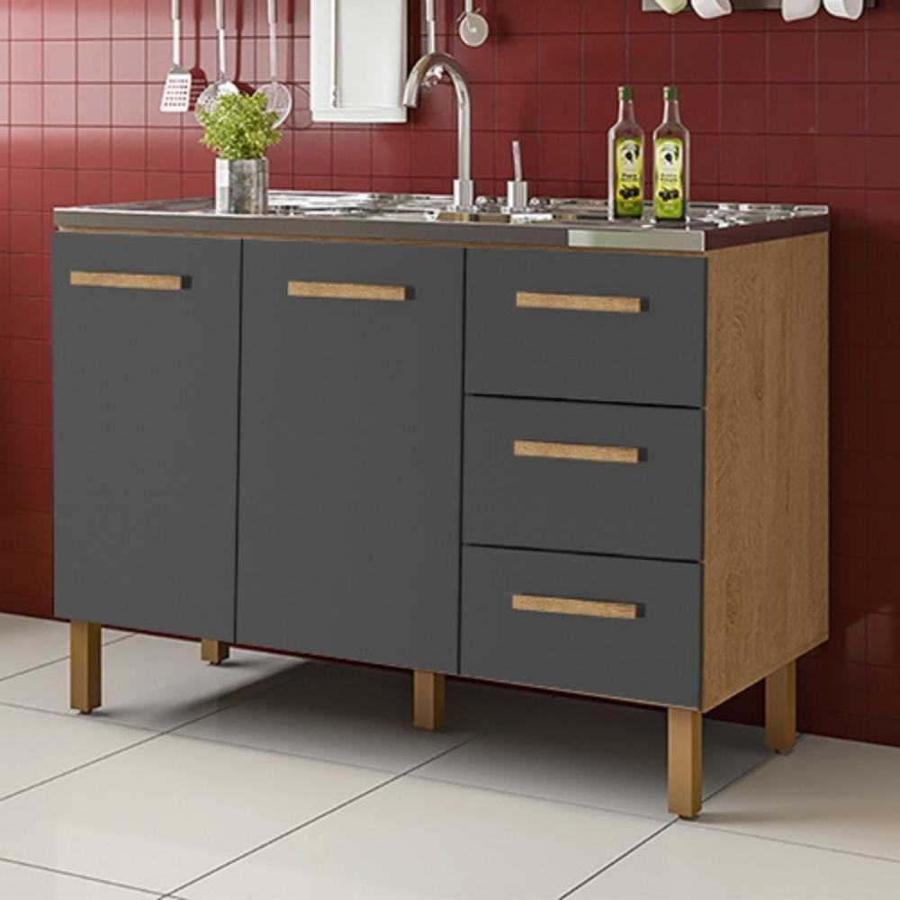 Balcão Fortaleza 3 Gavetas Para Pia 1,20 Mt Amêndoa Grafite - 2