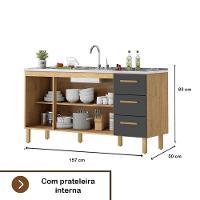 Balcão Fortaleza 3 Gavetas Para Pia 1,60 Mt Amêndoa Grafite - 2