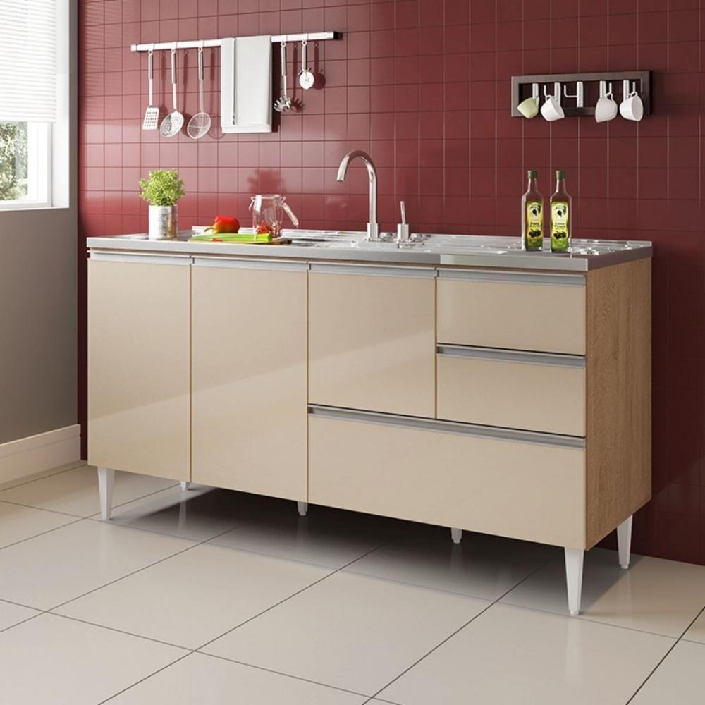 Balcão Maceió Para Pia 1,50 3 Portas Com Gavetão Amêndoa Off - 1