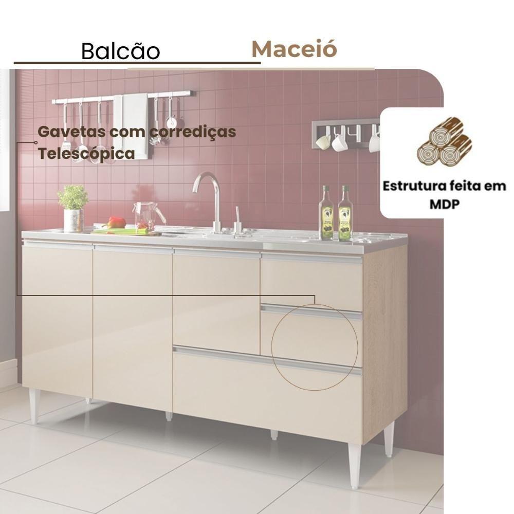 Balcão Maceió Para Pia 1,50 3 Portas Com Gavetão Amêndoa Off - 3