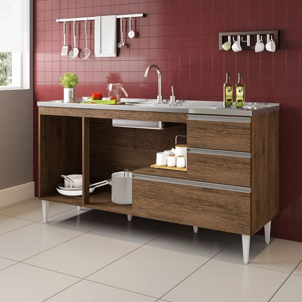 Balcão Maceió Para Pia 1,60 3 Portas Com Gavetão Castanho - 2