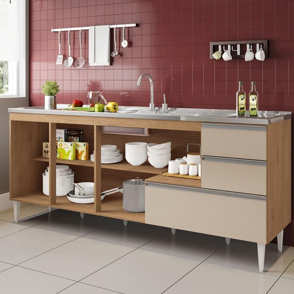 Balcão Maceió Para Pia 2,00 Mt 4 Portas Com Gavetão Amêndoa Off - 2