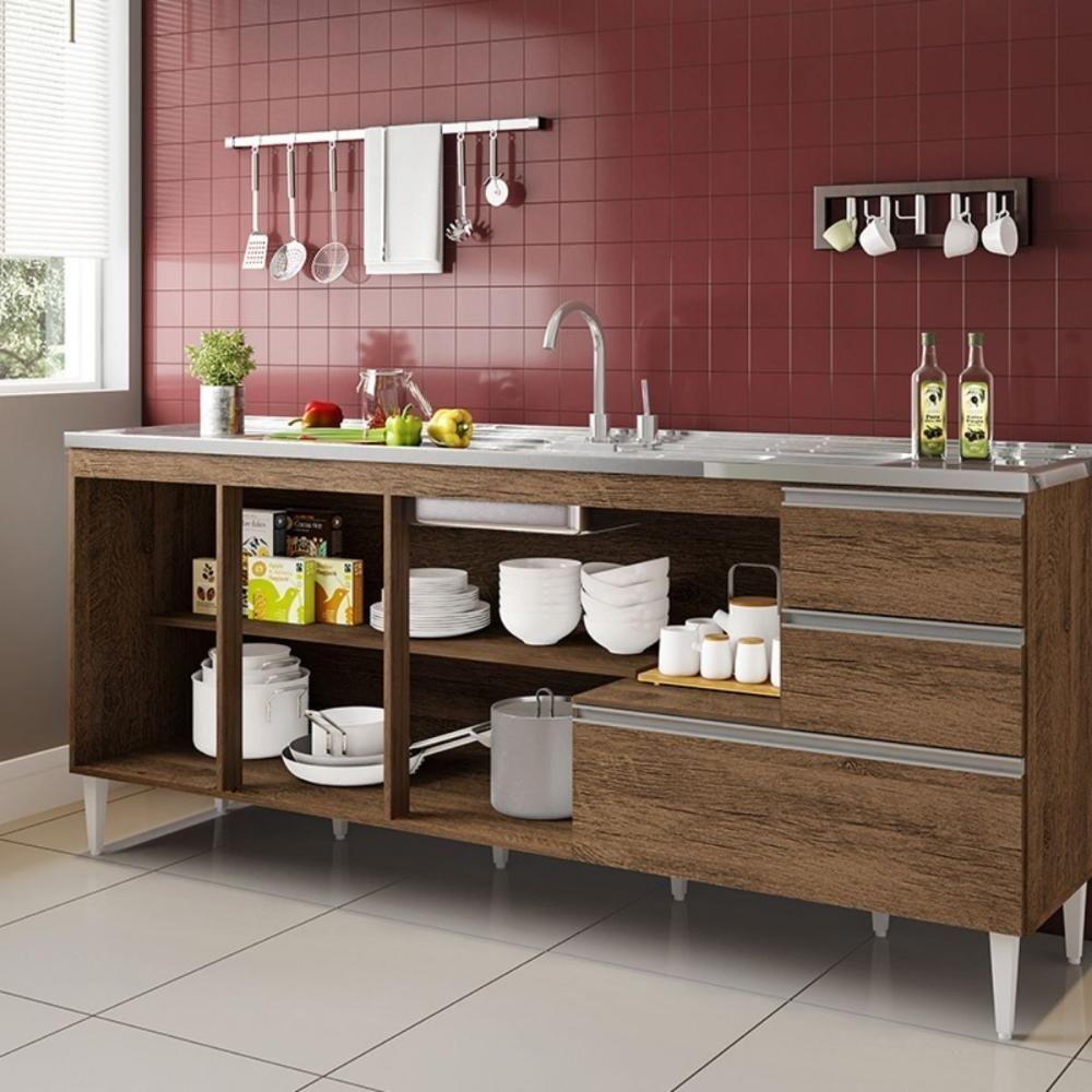 Balcão Maceió Para Pia 1,80 4 Portas Com Gavetão Castanho - 2