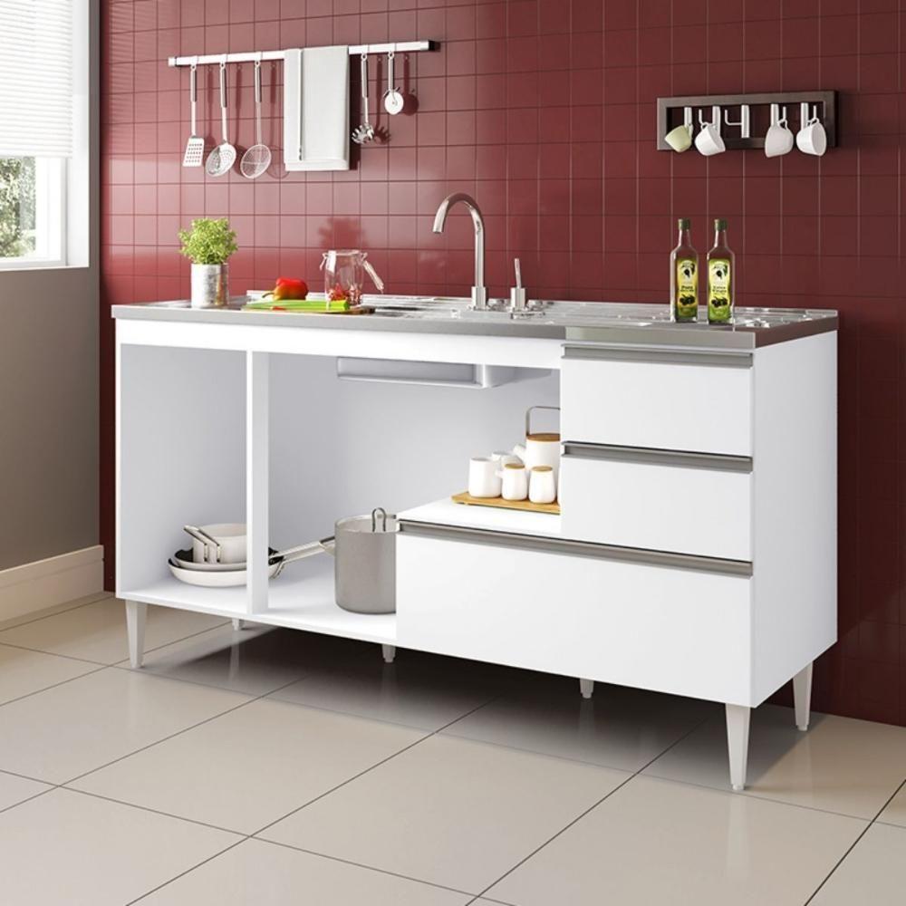 Balcão Maceió Para Pia 1,60 3 Portas Com Gavetão Branco - 1