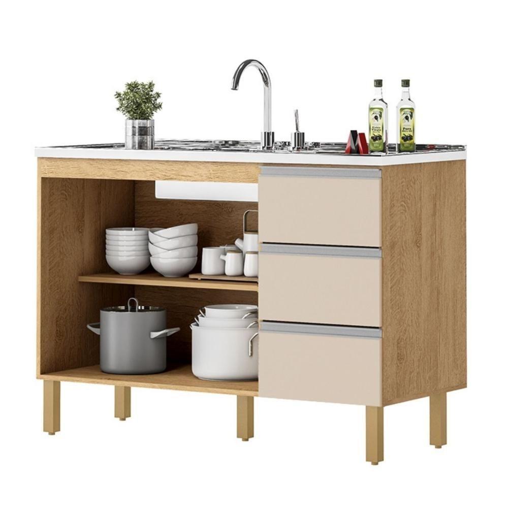 Balcão Recife 1,20 Mt - 3 Gavetas 2 Portas Amêndoa Off - 2