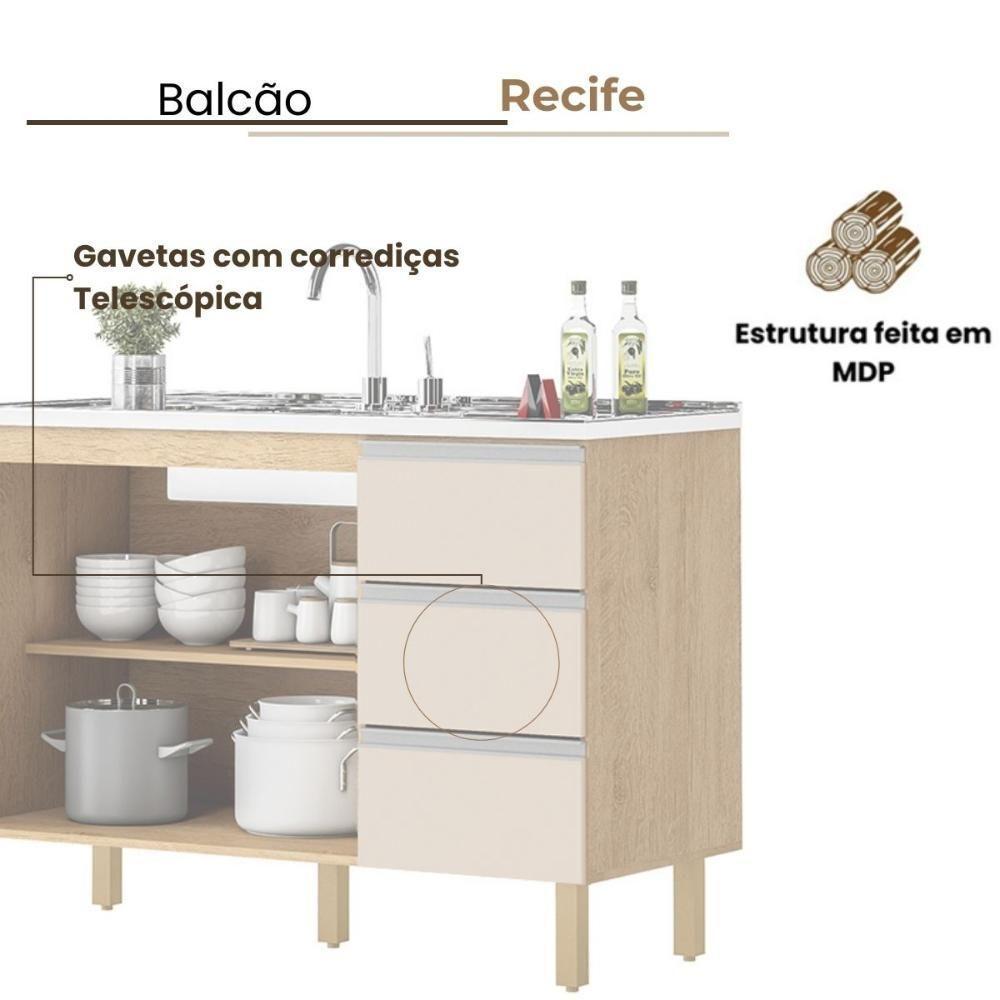 Balcão Recife 1,20 Mt - 3 Gavetas 2 Portas Amêndoa Off - 3