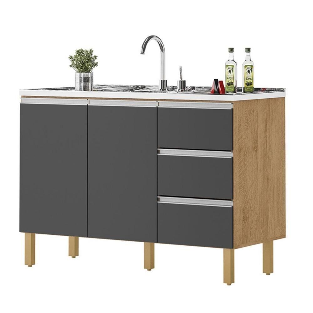 Balcão Recife 1,20 Mt - 3 Gavetas 2 Portas Amêndoa Grafite - 1