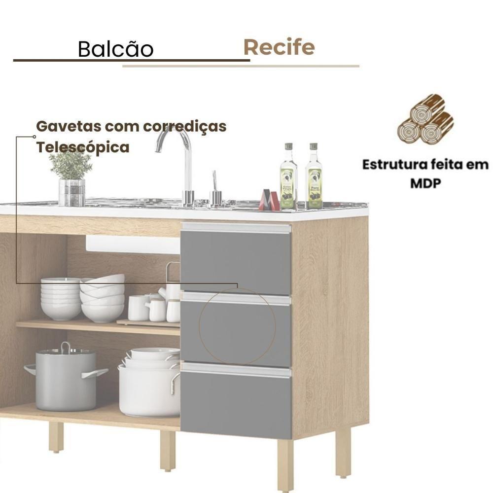 Balcão Recife 1,20 Mt - 3 Gavetas 2 Portas Amêndoa Grafite - 3