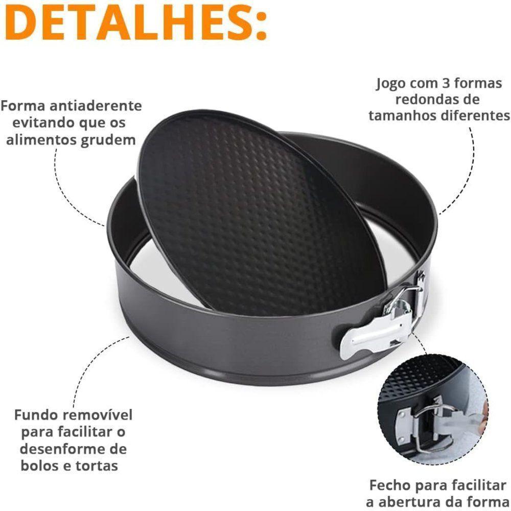 Kit 3 Formas Redonda Fundo Removível Para Tortas Com Travas Lateral Premium - 3